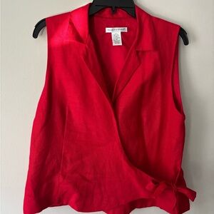 Vintage Romantic Red Preppy Linen V Neck Wrap Minimalist Christmas Top - Medium